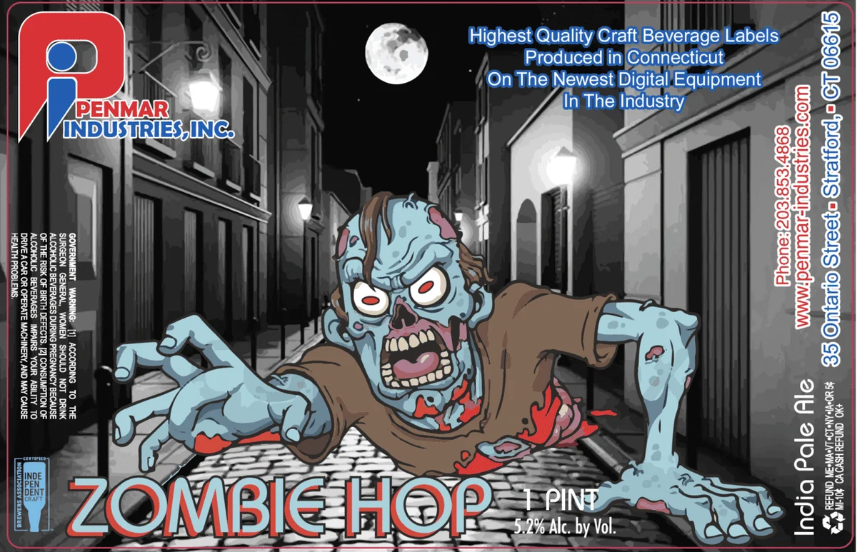 Zombie Hop label — digital print sample with illustrated character art